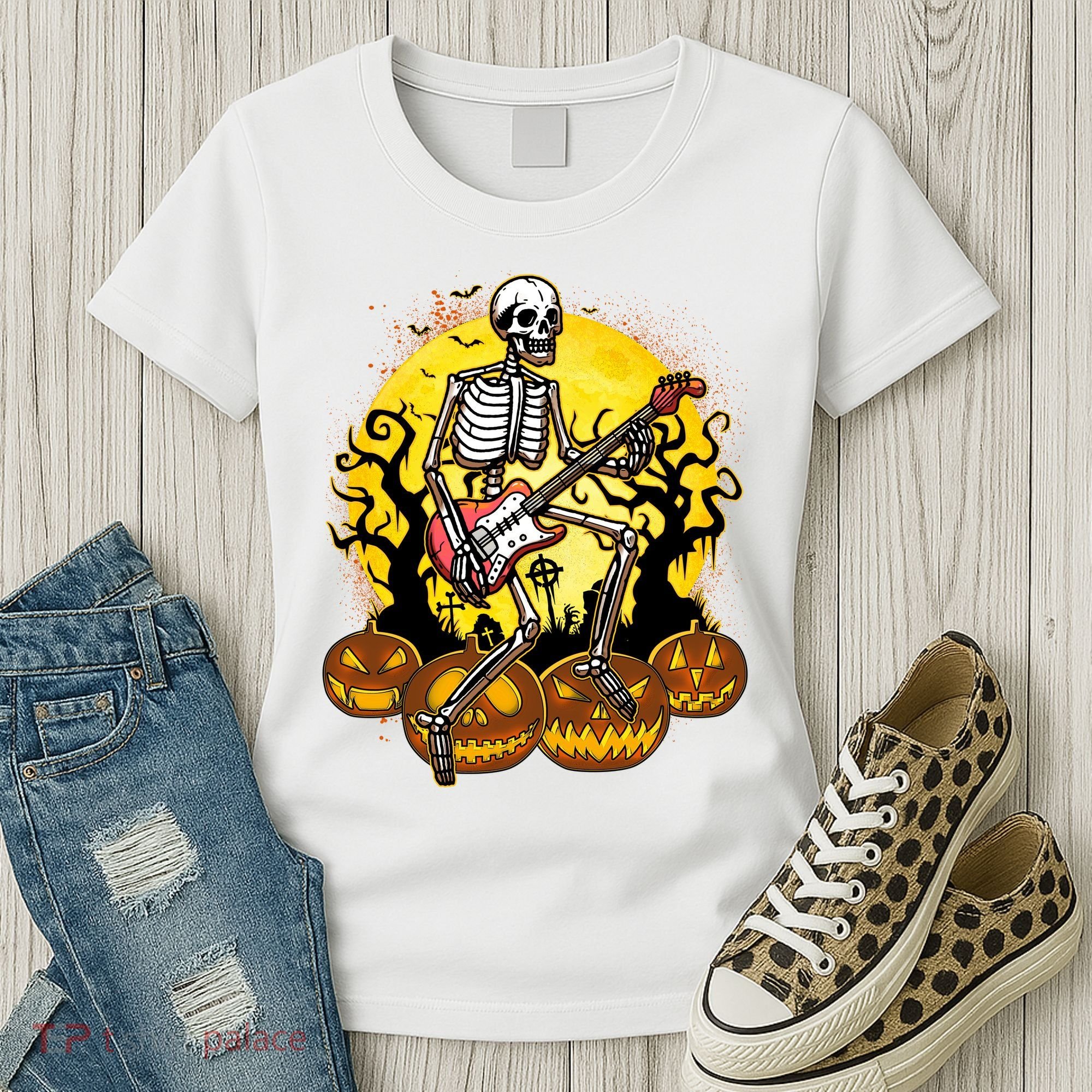 Funny Halloween Rocker Skeleton Rock With Electric Guitar Women's T-Shirt