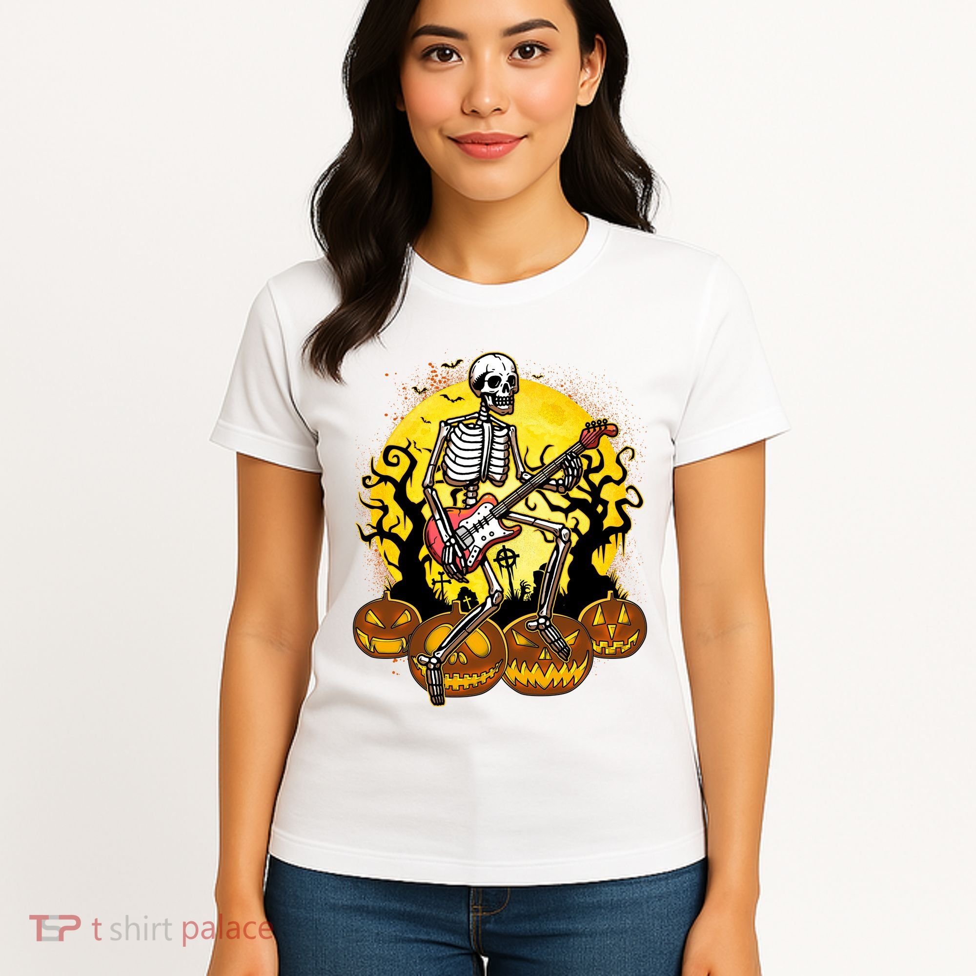 Funny Halloween Rocker Skeleton Rock With Electric Guitar Women's T-Shirt
