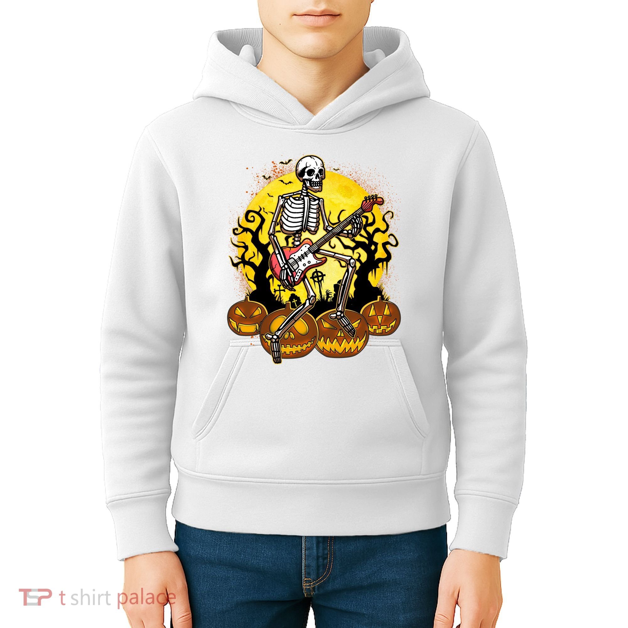 Funny Halloween Rocker Skeleton Rock With Electric Guitar Kids Hoodie