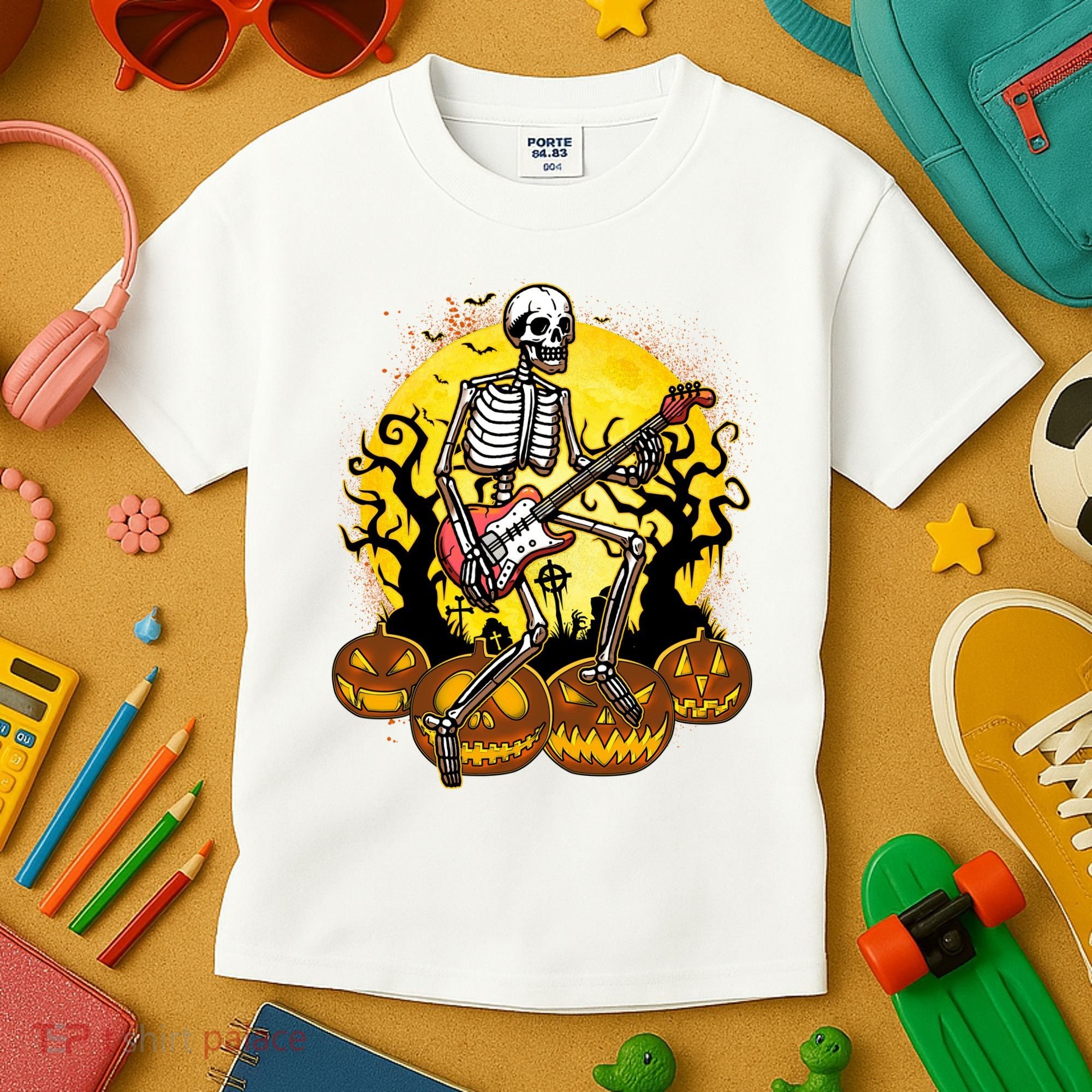 Funny Halloween Rocker Skeleton Rock With Electric Guitar Kids T-Shirt