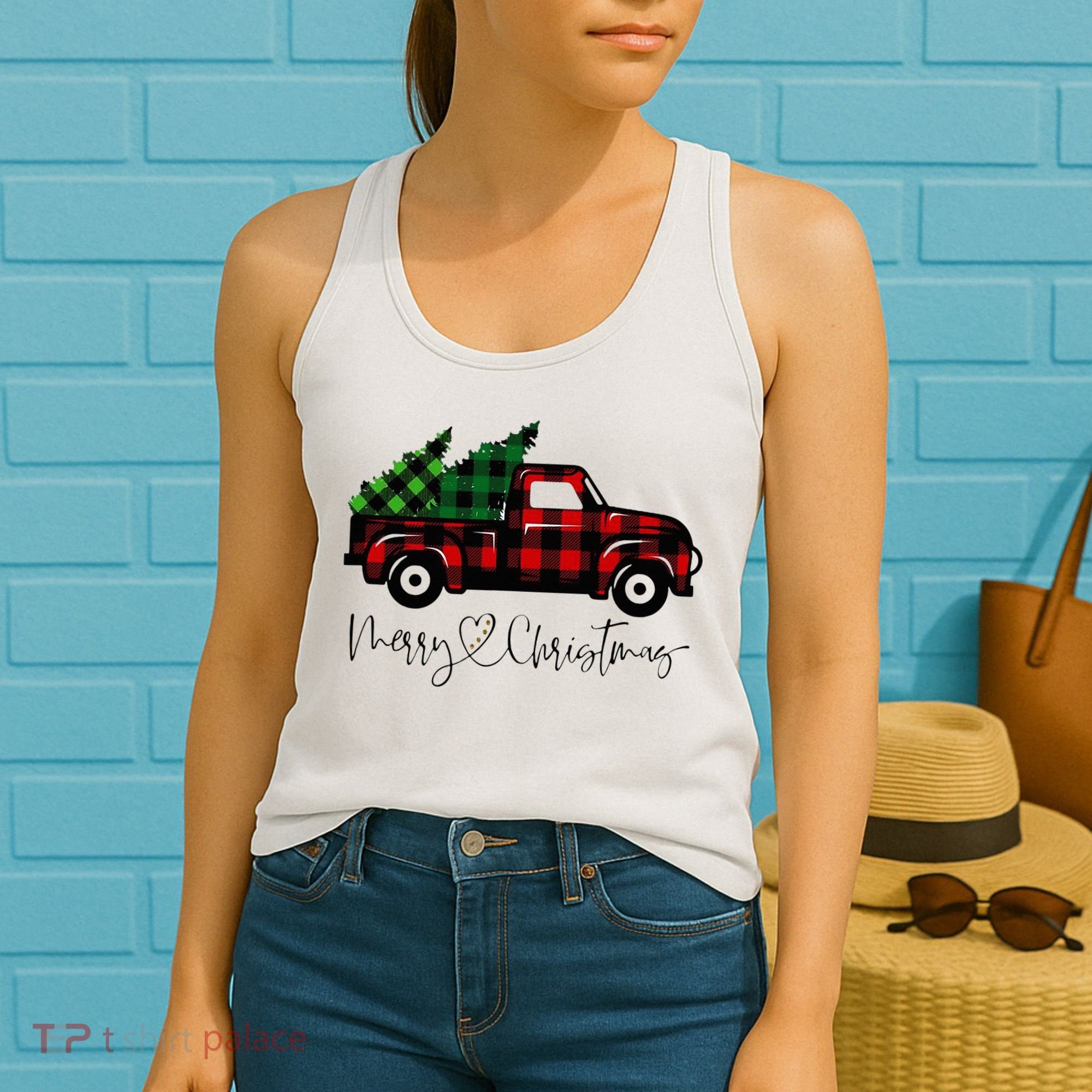 Festive Holiday Red Truck Delivering Christmas Trees Women's Tank Top