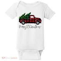 Festive Holiday Red Truck Delivering Christmas Trees Baby Bodysuit thumb 0