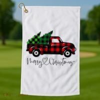Festive Holiday Red Truck Delivering Christmas Trees Golf Towel thumb 1
