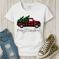 Festive Holiday Red Truck Delivering Christmas Trees Women's T-Shirt thumb 3