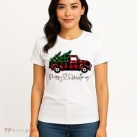 Festive Holiday Red Truck Delivering Christmas Trees Women's T-Shirt thumb 4