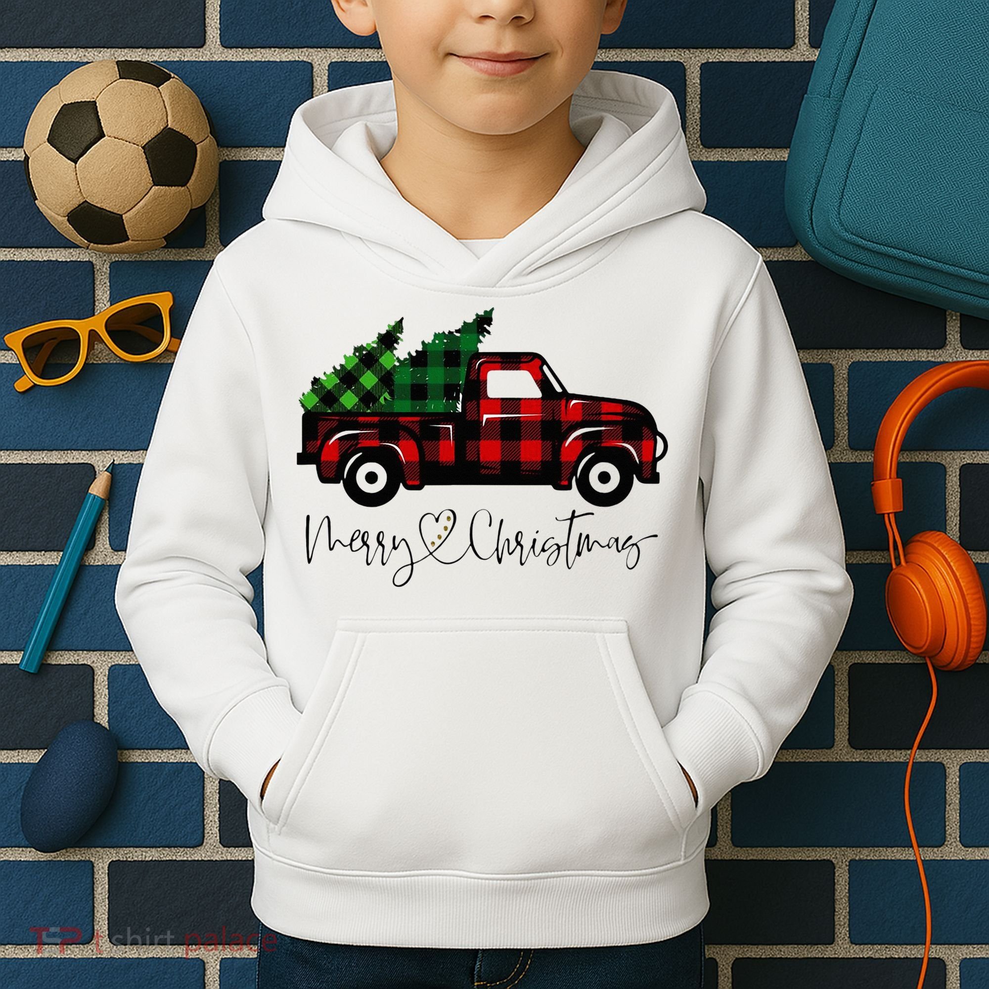 Festive Holiday Red Truck Delivering Christmas Trees Kids Hoodie