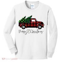 Festive Holiday Red Truck Delivering Christmas Trees Kids Long Sleeve Shirt thumb 0