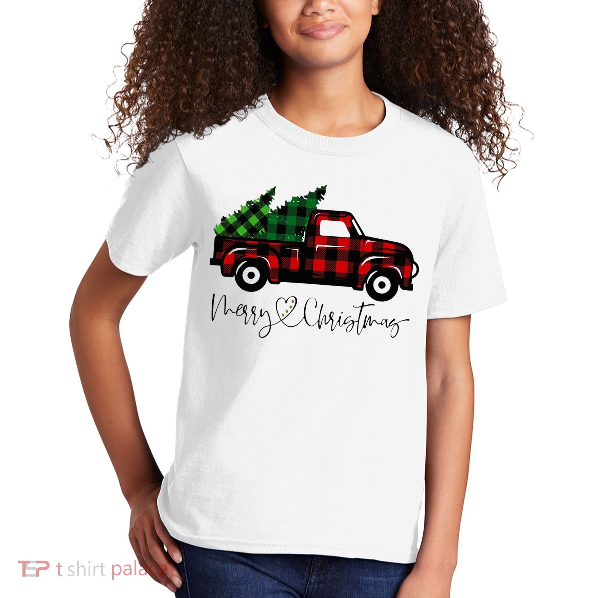 Festive Holiday Red Truck Delivering Christmas Trees Kids T-Shirt