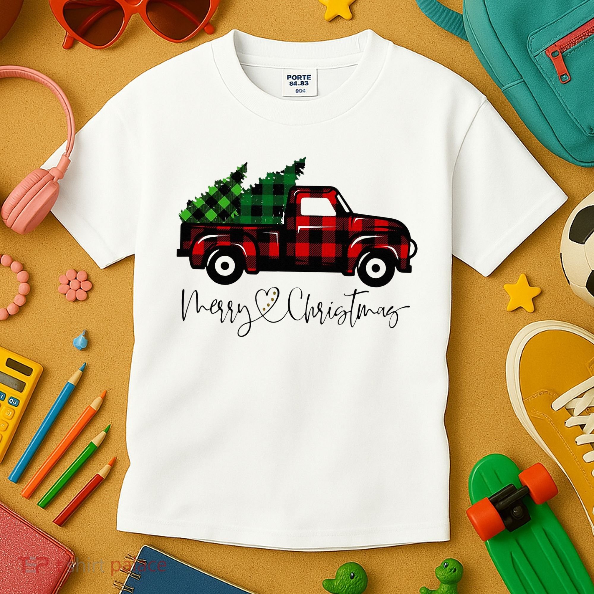 Festive Holiday Red Truck Delivering Christmas Trees Kids T-Shirt