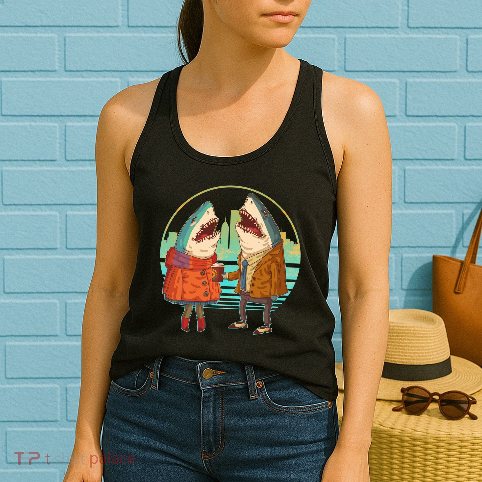 Funny Hipster Shark Couple Women's Tank Top