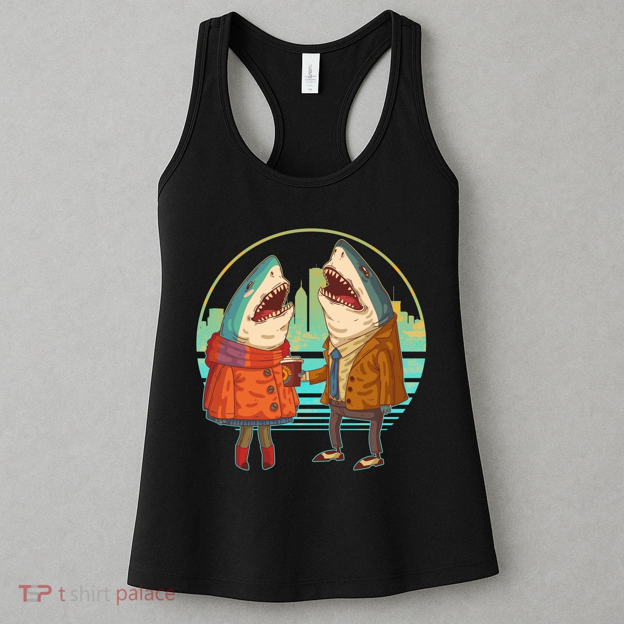 Funny Hipster Shark Couple Women's Tank Top