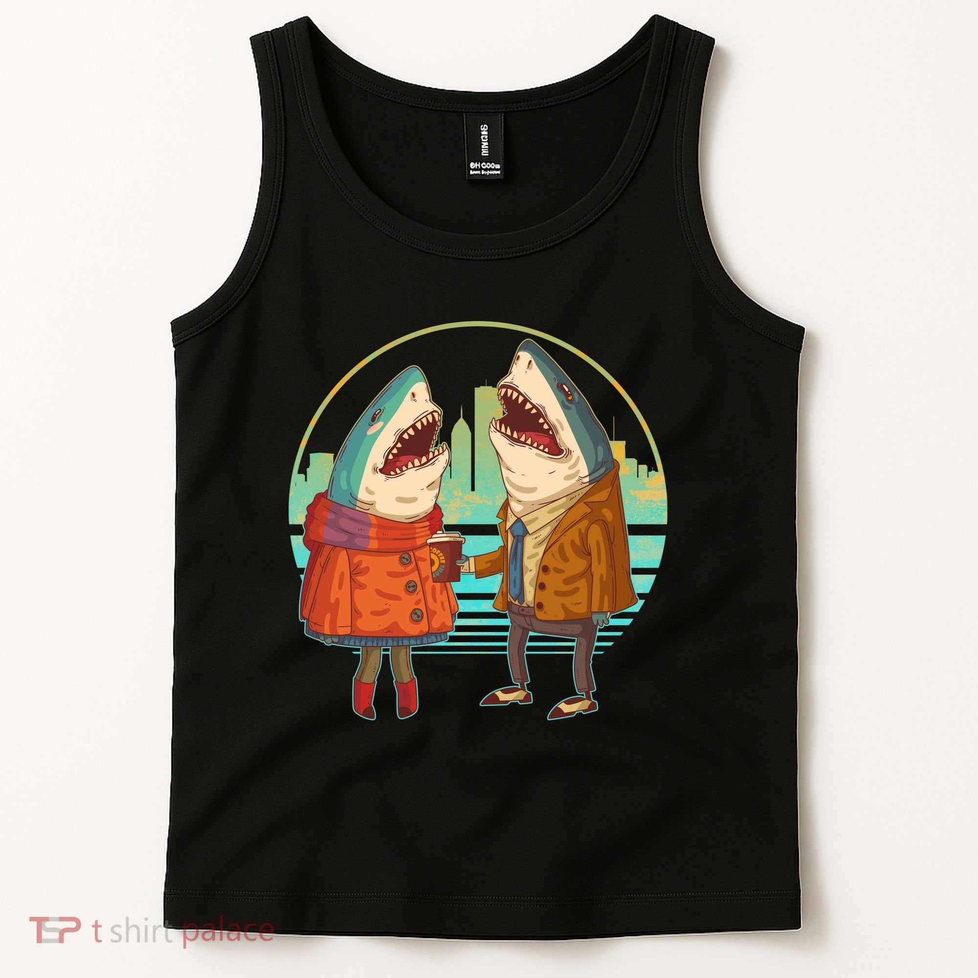 Funny Hipster Shark Couple Tank Top