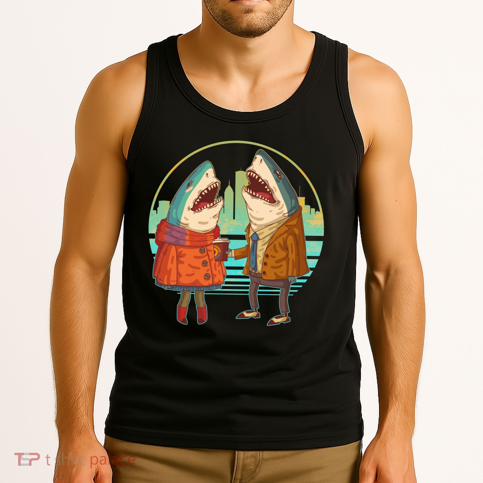 Funny Hipster Shark Couple Tank Top