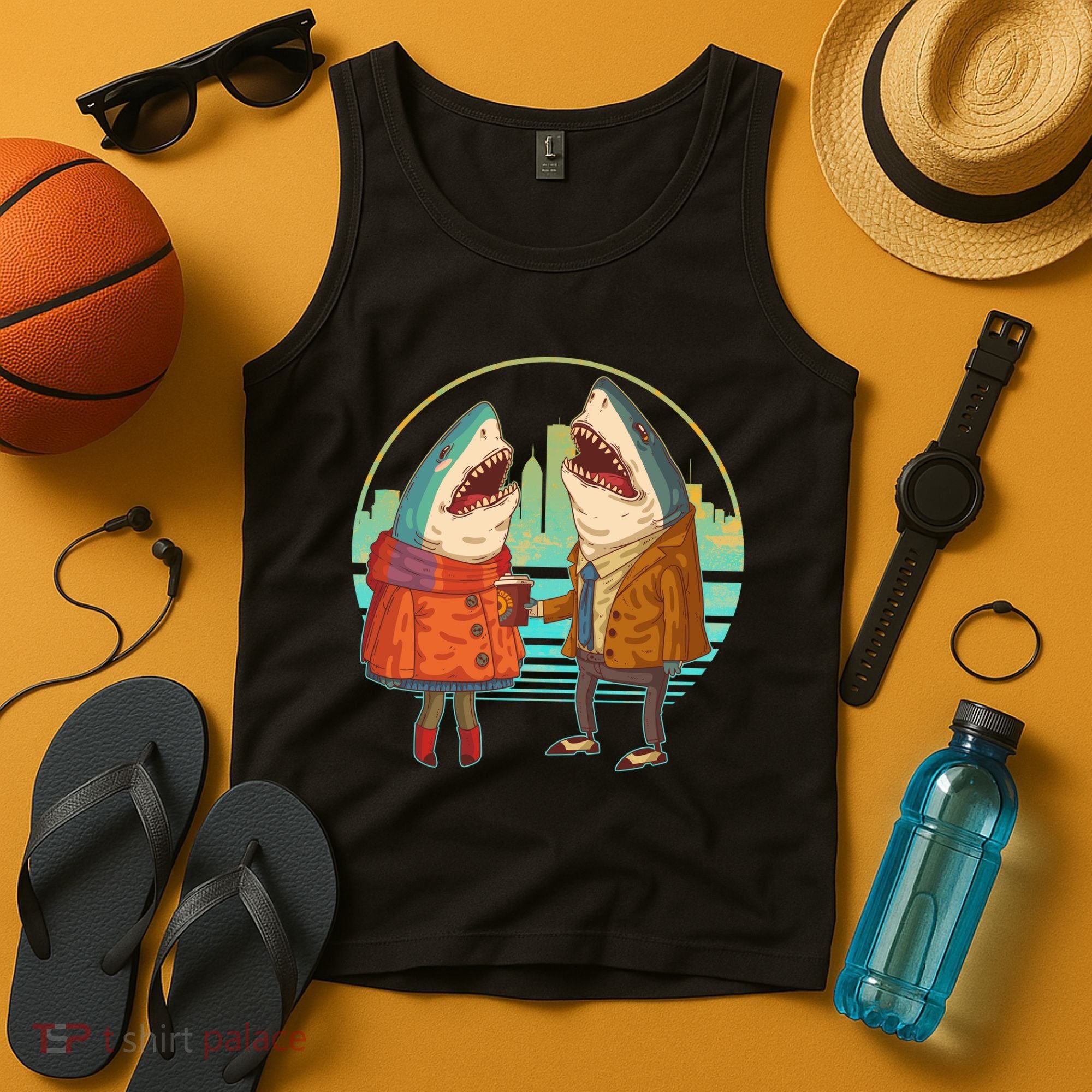 Funny Hipster Shark Couple Tank Top