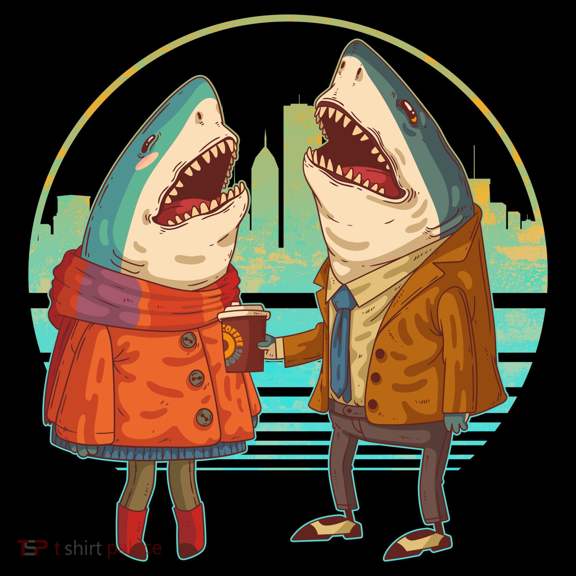 Funny Hipster Shark Couple Tank Top