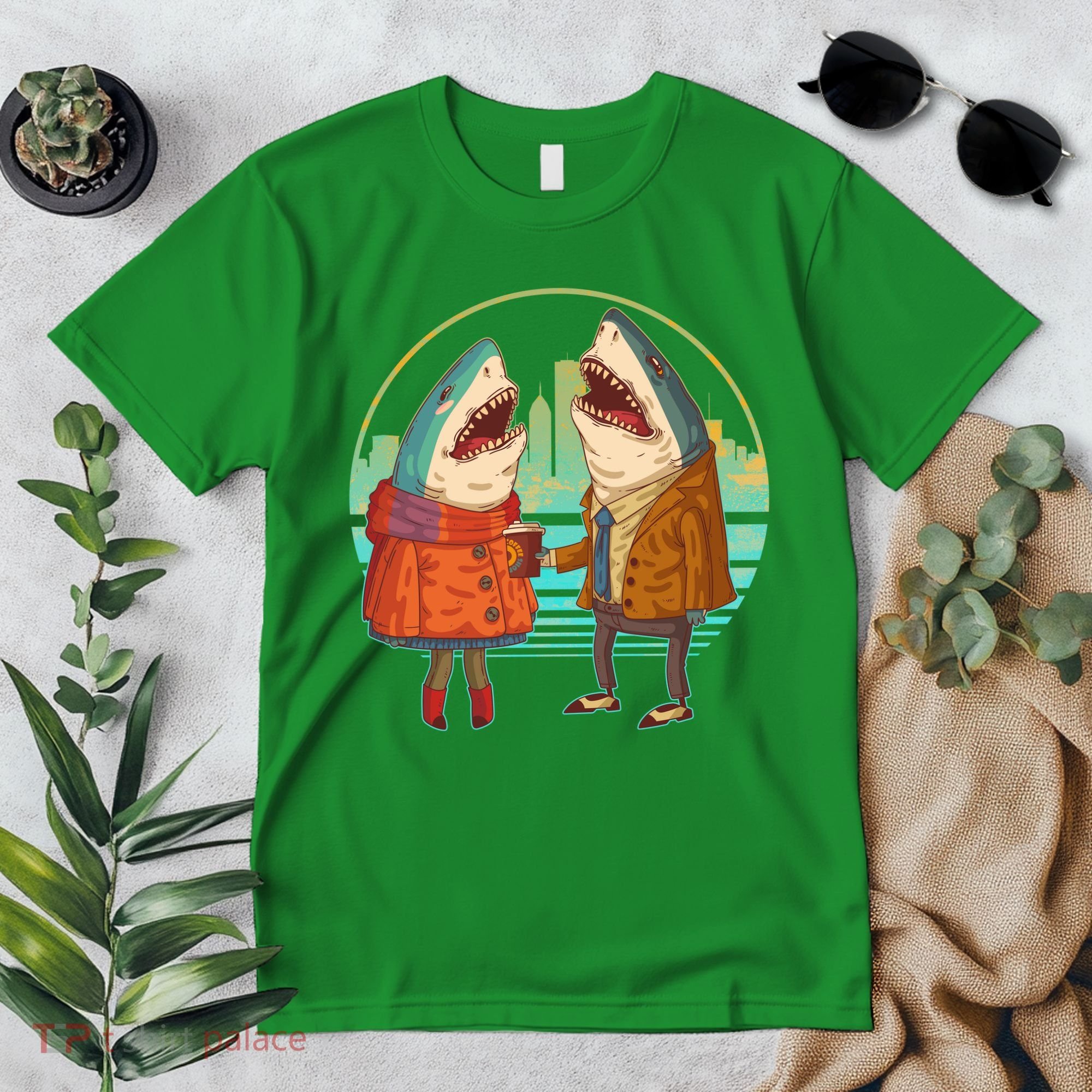Funny Hipster Shark Couple Premium T-Shirt
