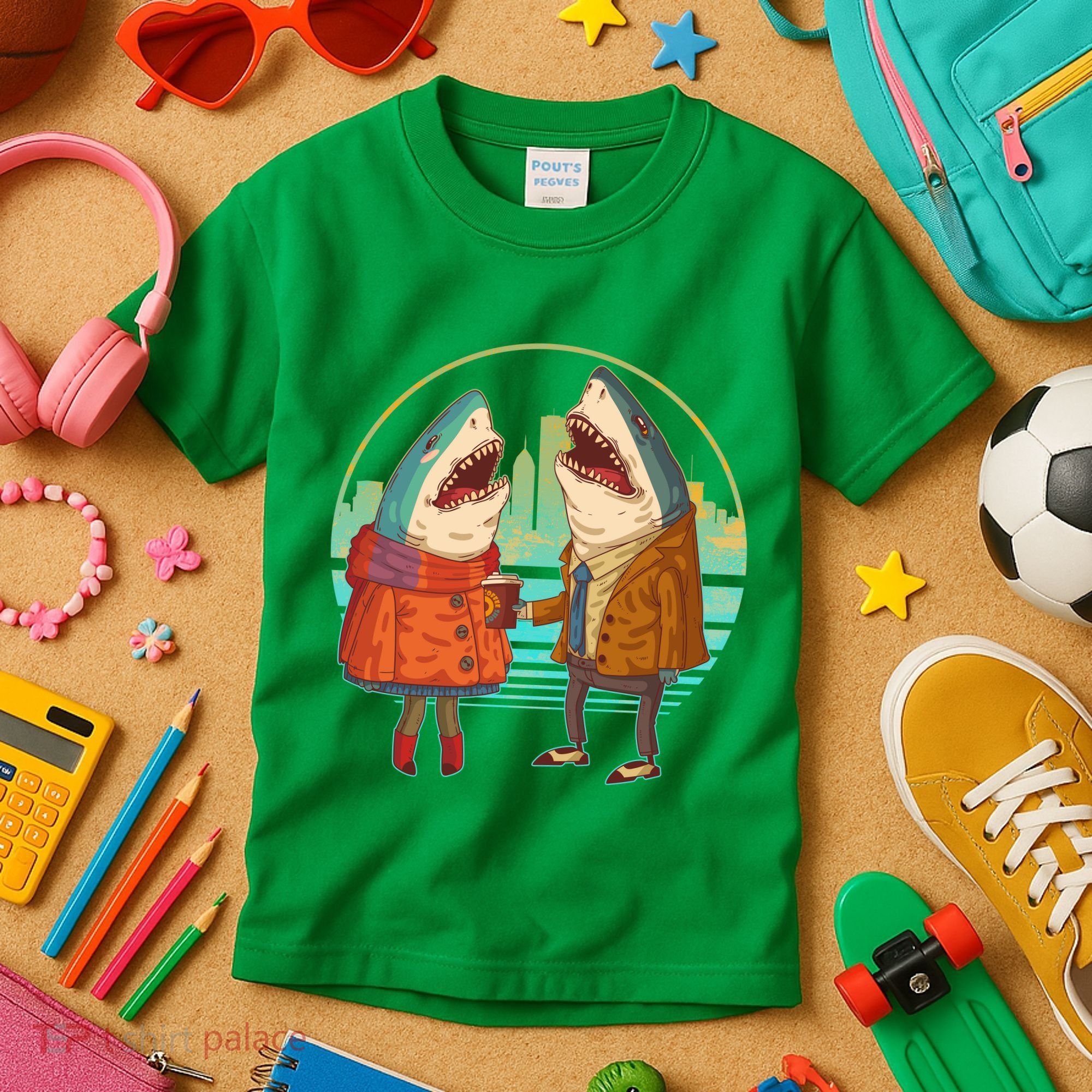 Funny Hipster Shark Couple Kids T-Shirt