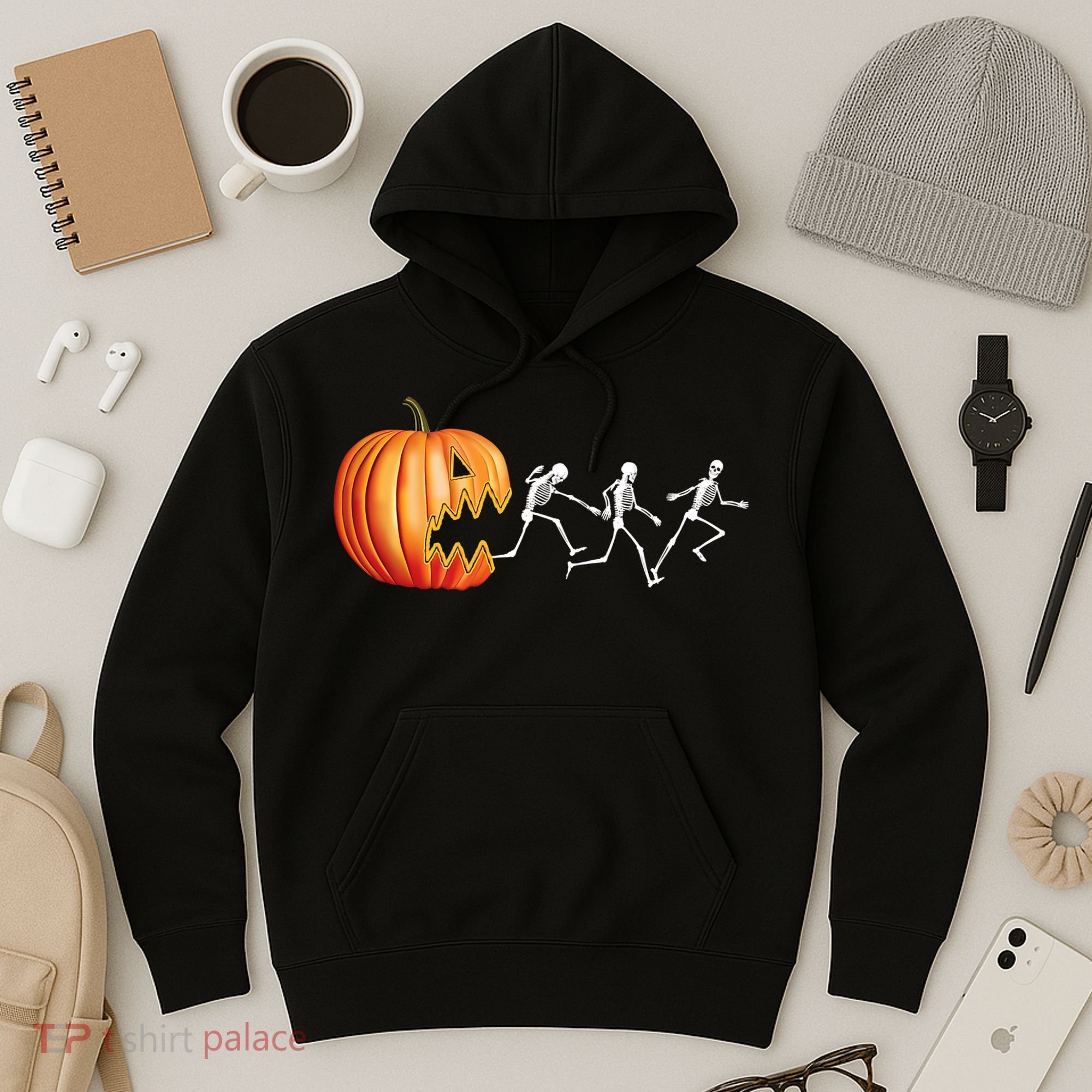 Funny Halloween Skeleton Running Pumpkin Jack O Lantern Eating Hoodie