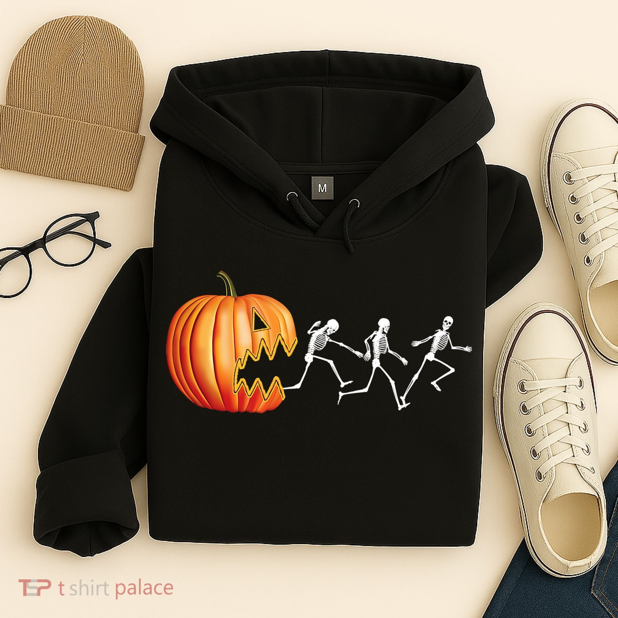 Funny Halloween Skeleton Running Pumpkin Jack O Lantern Eating Hoodie