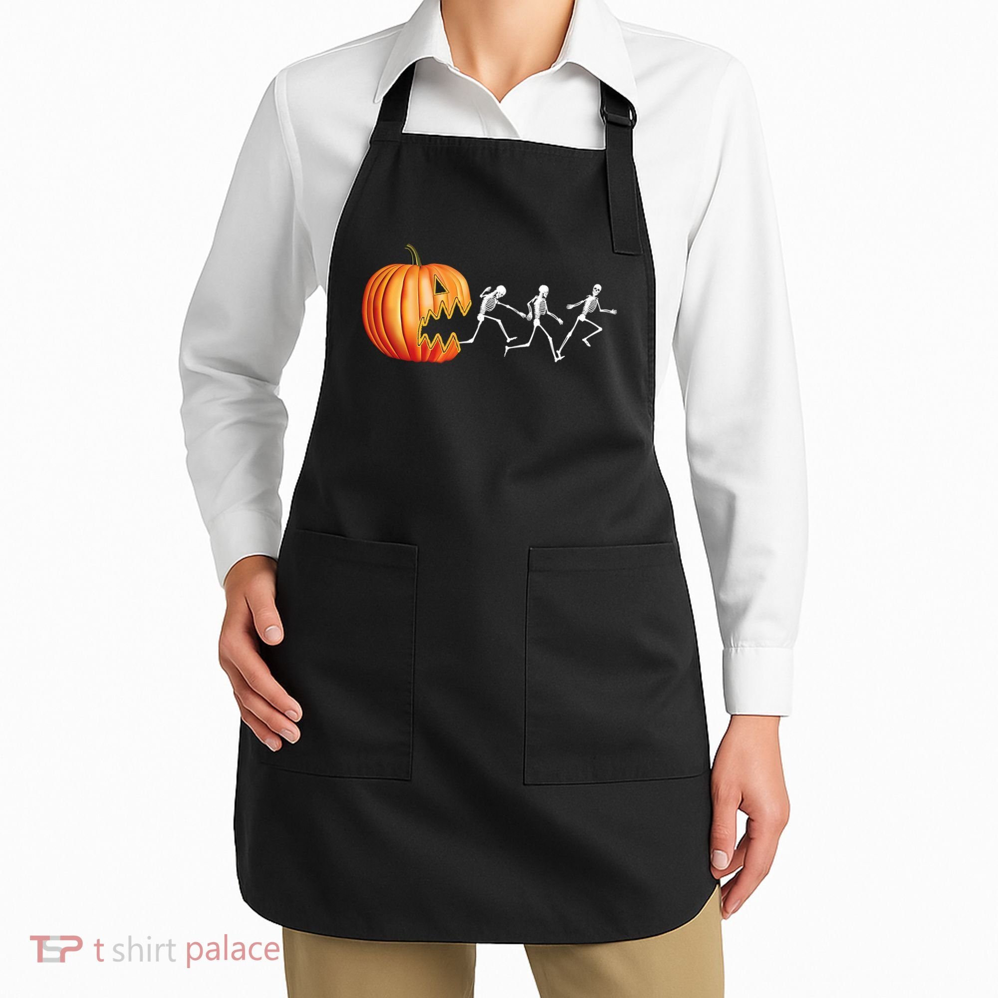 Funny Halloween Skeleton Running Pumpkin Jack O Lantern Eating Apron