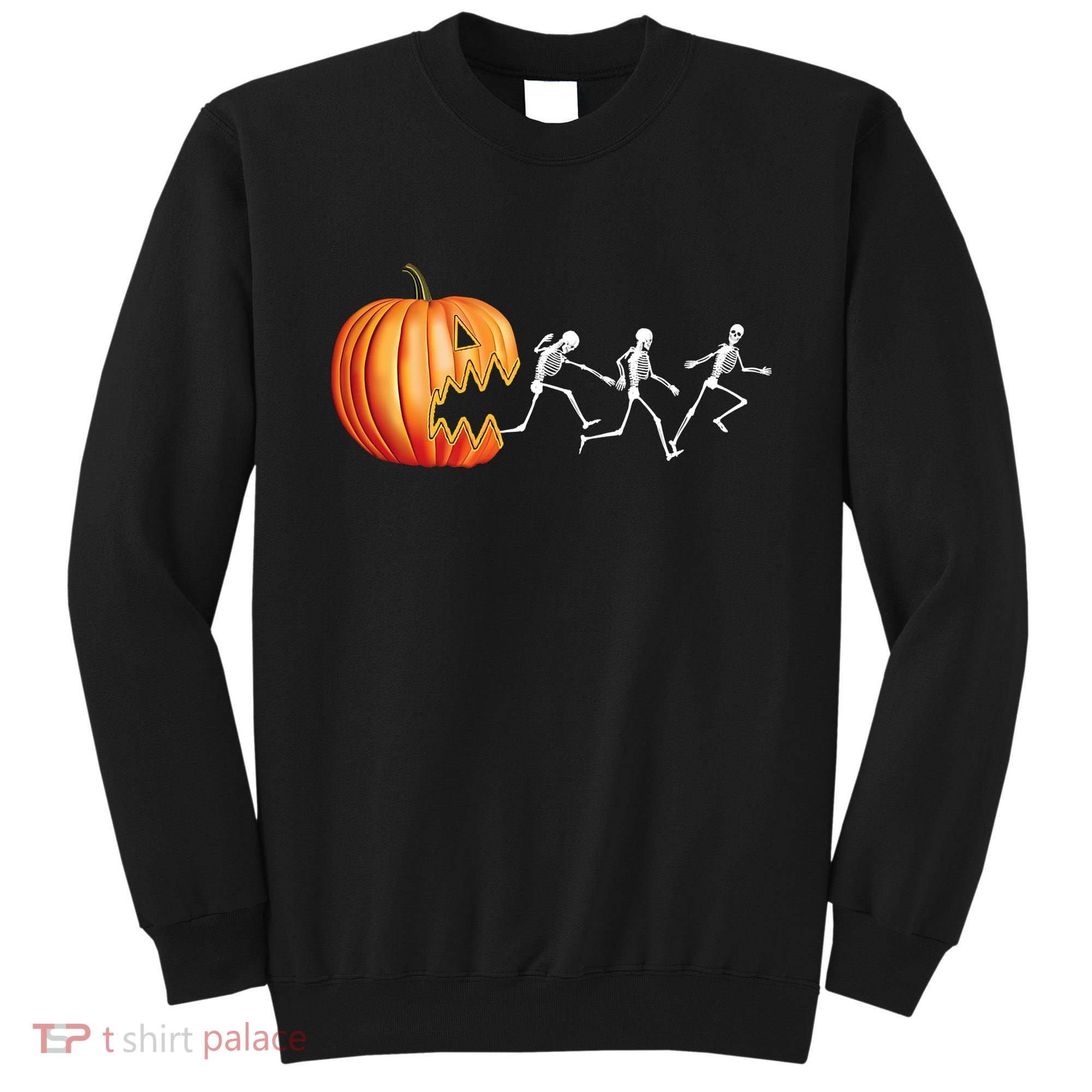 Funny Halloween Skeleton Running Pumpkin Jack O Lantern Eating Sweatshirt