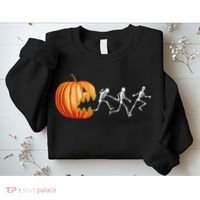 Funny Halloween Skeleton Running Pumpkin Jack O Lantern Eating Sweatshirt thumb 2