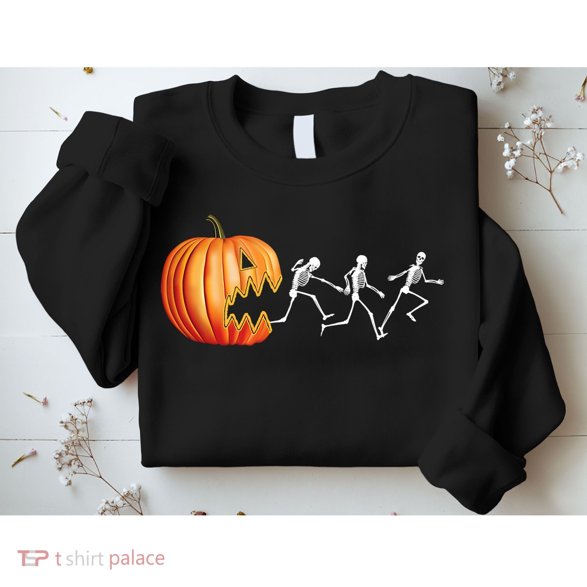 Funny Halloween Skeleton Running Pumpkin Jack O Lantern Eating Sweatshirt