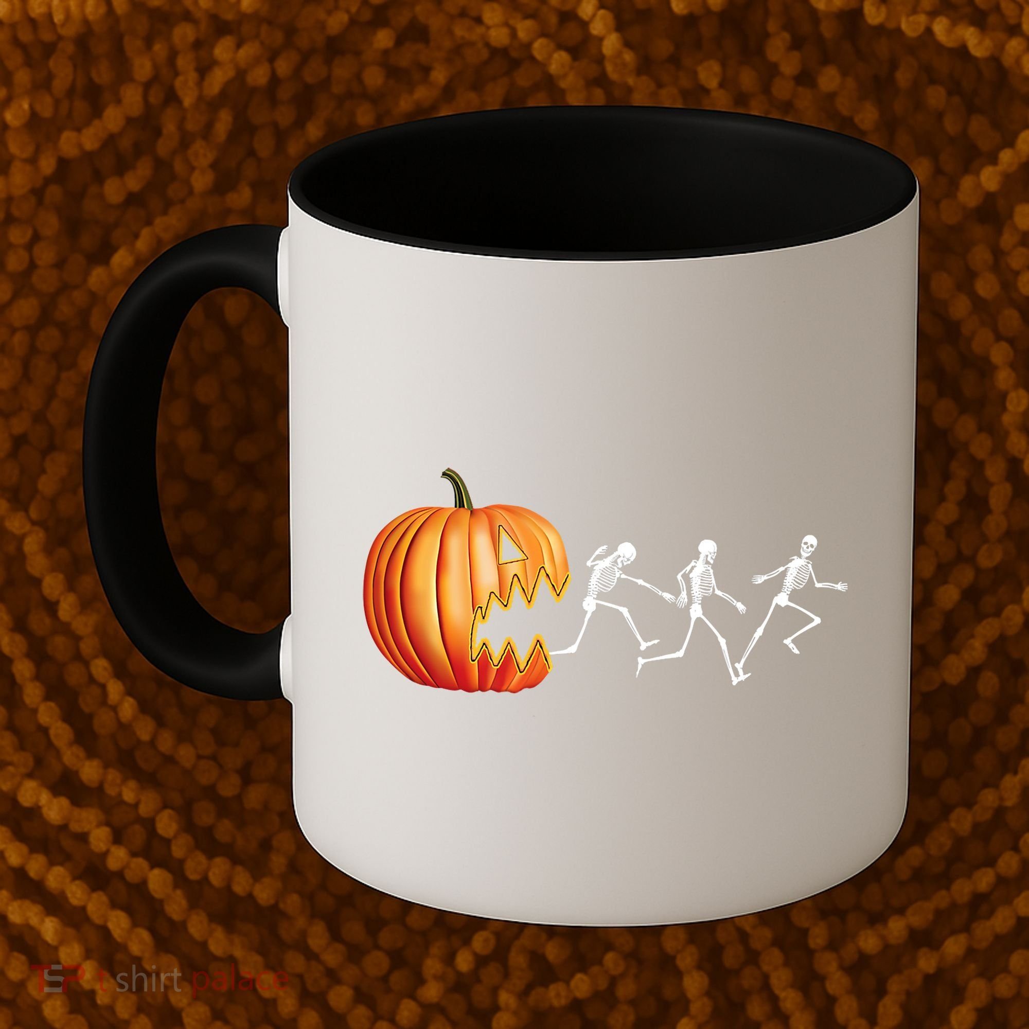 Funny Halloween Skeleton Running Pumpkin Jack O Lantern Eating Coffee Mug