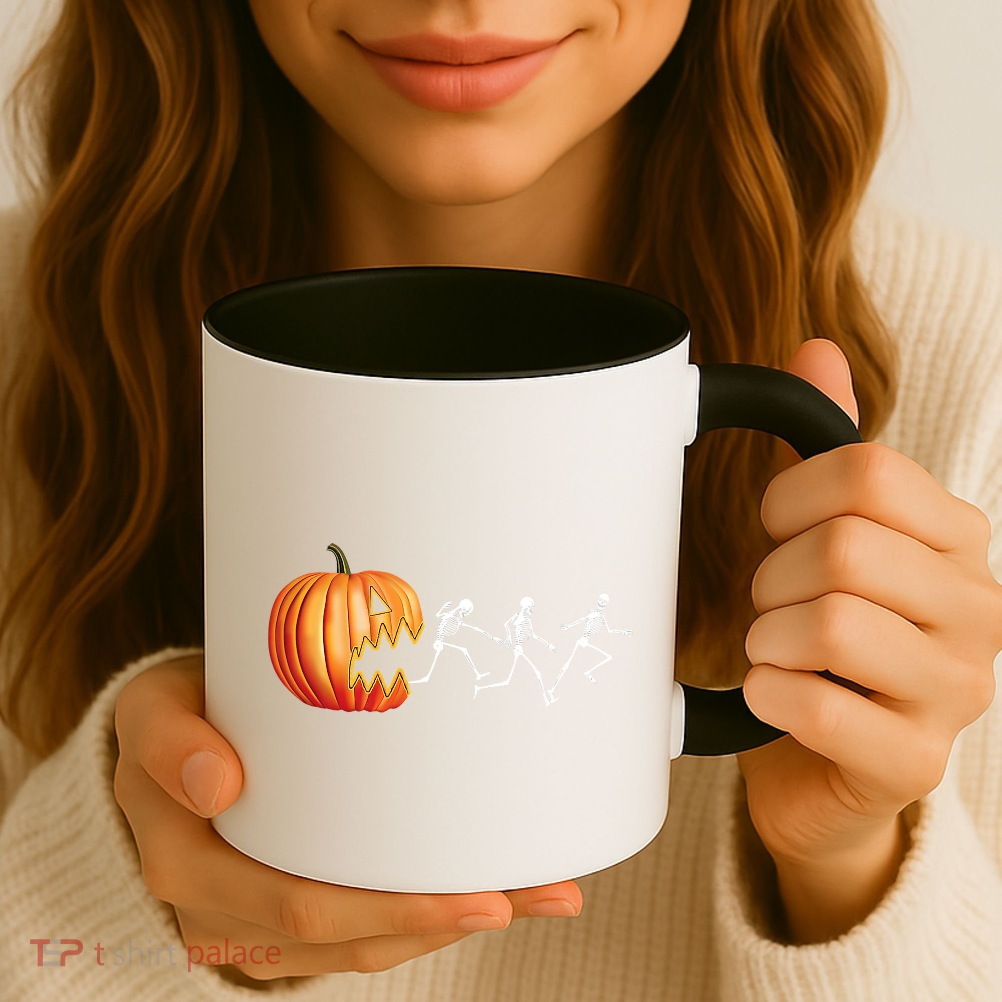 Funny Halloween Skeleton Running Pumpkin Jack O Lantern Eating Coffee Mug