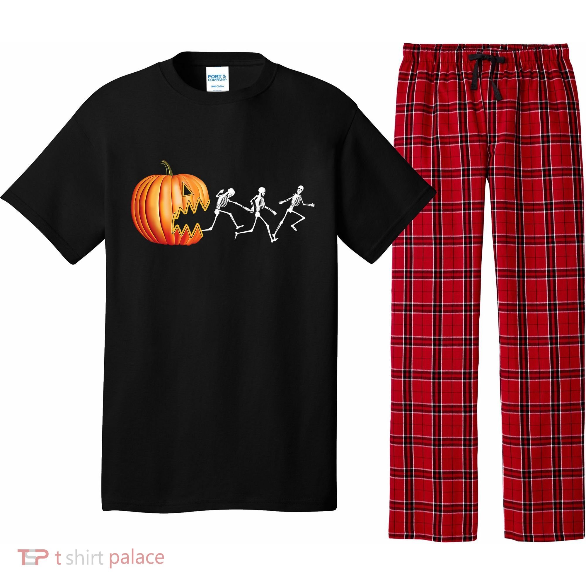 Funny Halloween Skeleton Running Pumpkin Jack O Lantern Eating Pajama Set