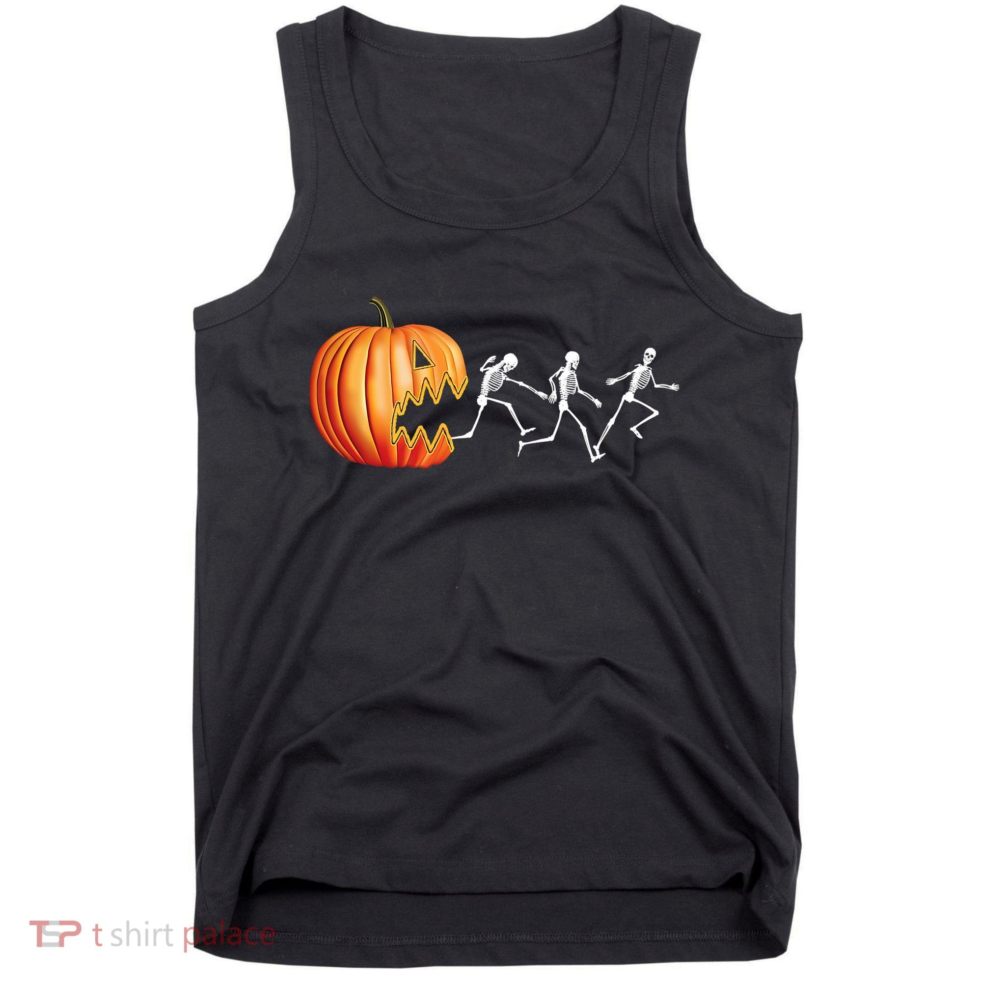 Funny Halloween Skeleton Running Pumpkin Jack O Lantern Eating Tank Top