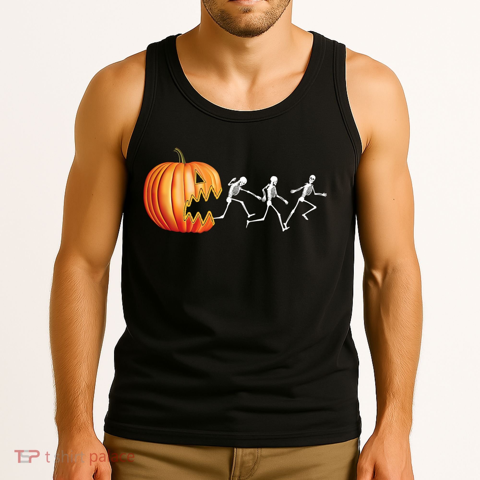 Funny Halloween Skeleton Running Pumpkin Jack O Lantern Eating Tank Top