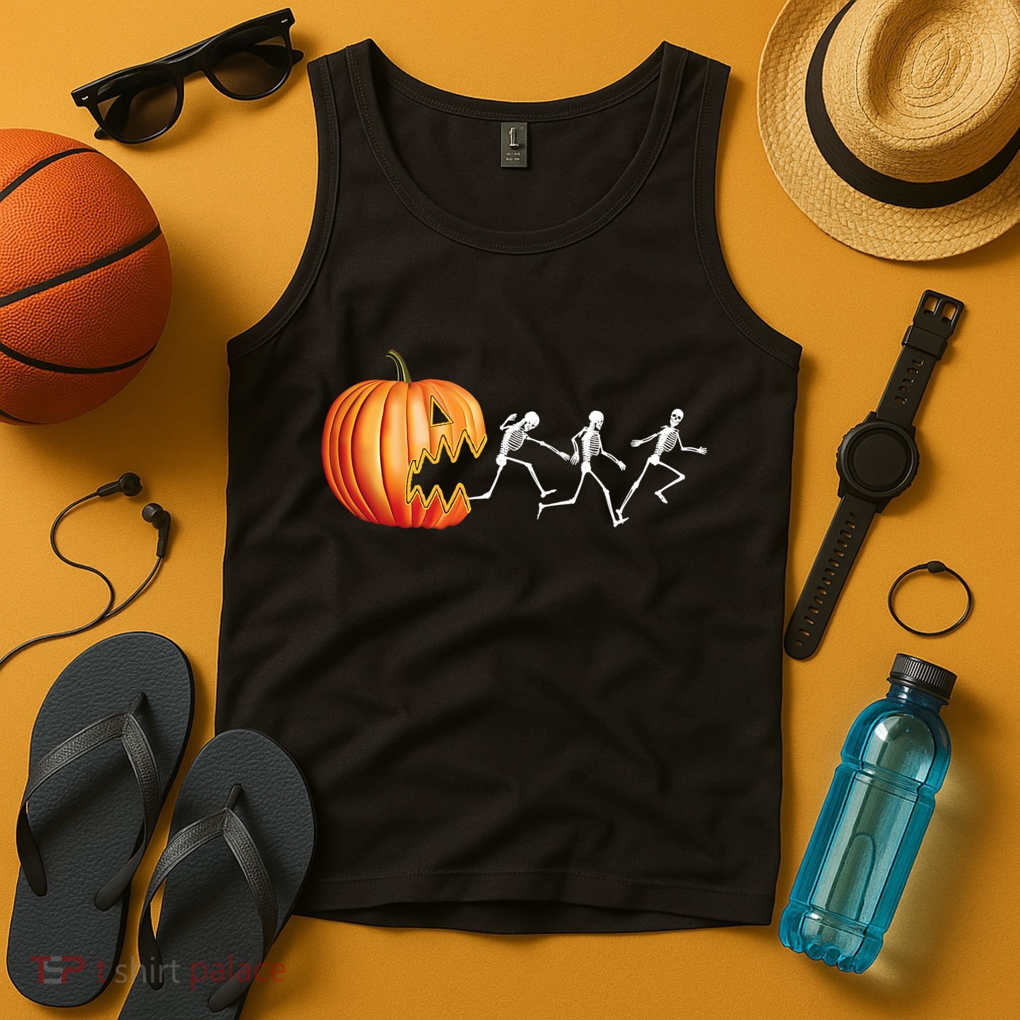 Funny Halloween Skeleton Running Pumpkin Jack O Lantern Eating Tank Top