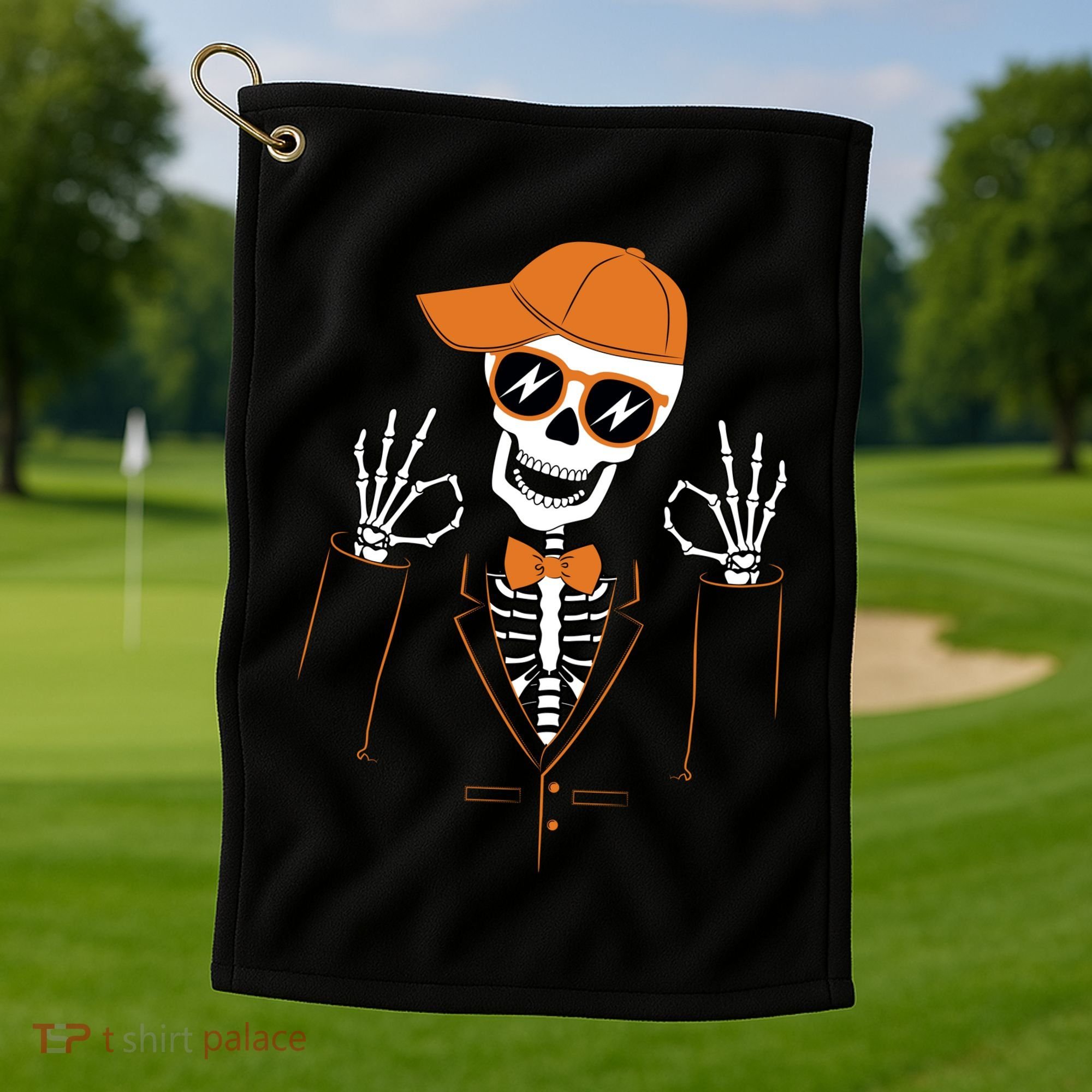 Funny Halloween Skeleton Hipster Bowtie Tuxedo Tux Golf Towel