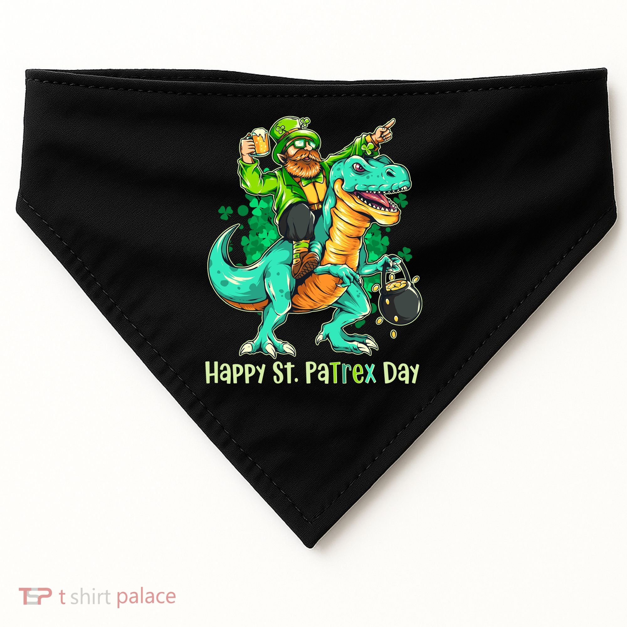 Funny Happy St. PaTREX Day Leprechaun Riding Trex Dinosaur USA-Made Doggie Bandana