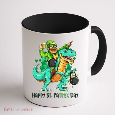 Funny Happy St. PaTREX Day Leprechaun Riding Trex Dinosaur Coffee Mug back