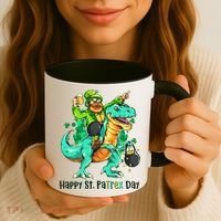 Funny Happy St. PaTREX Day Leprechaun Riding Trex Dinosaur Coffee Mug thumb 3