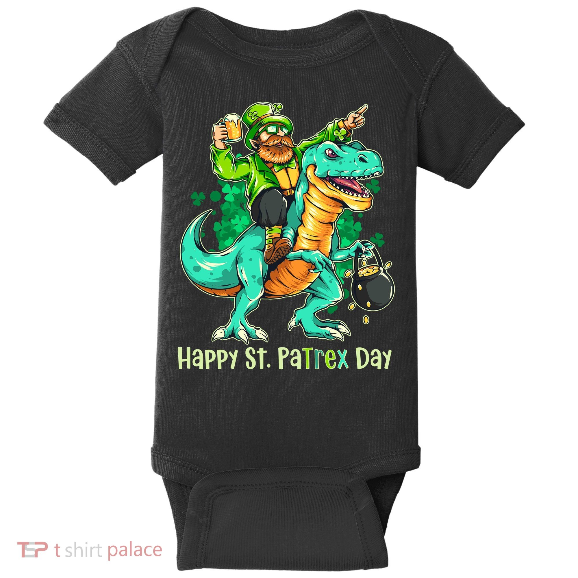 Funny Happy St. PaTREX Day Leprechaun Riding Trex Dinosaur Baby Bodysuit