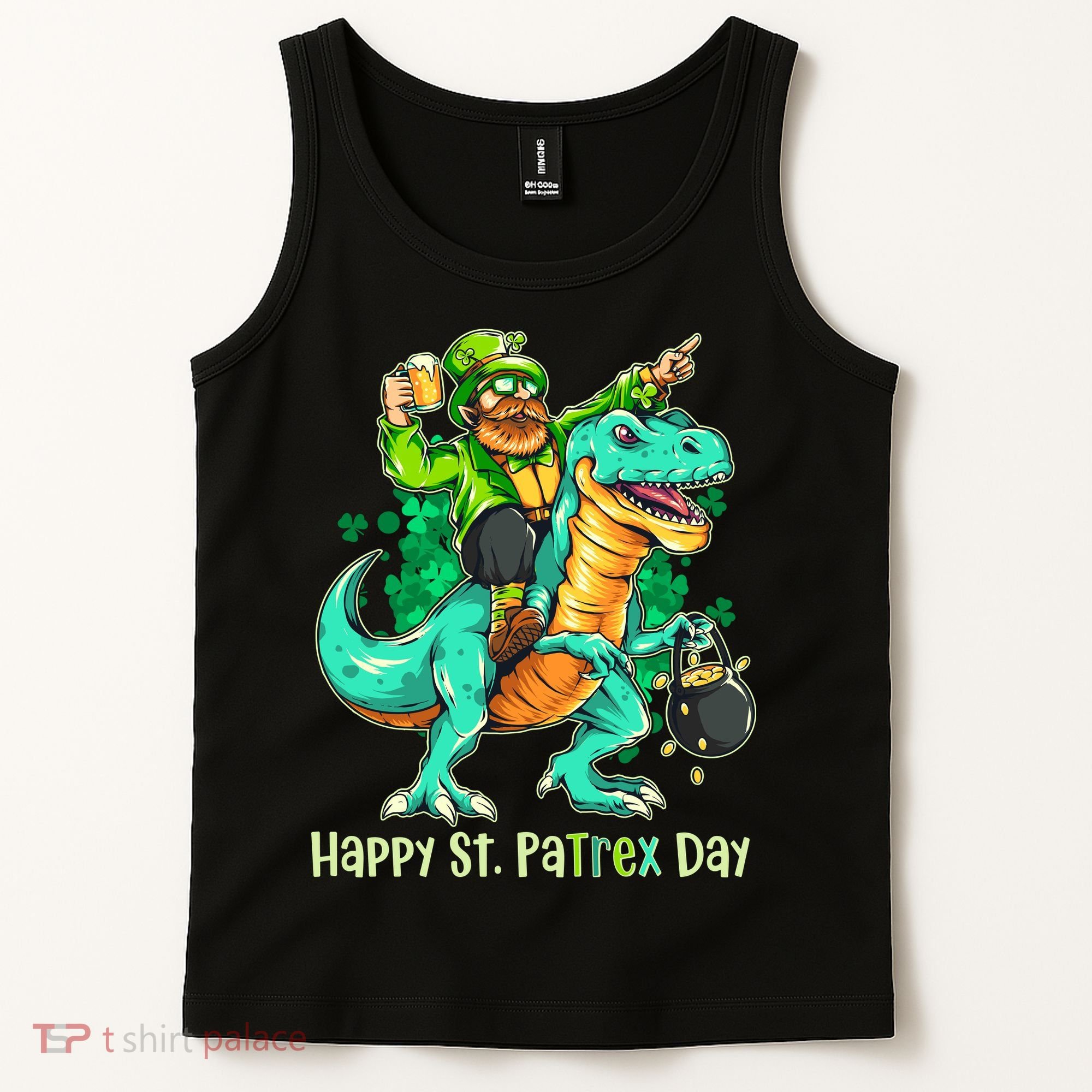 Funny Happy St. PaTREX Day Leprechaun Riding Trex Dinosaur Tank Top