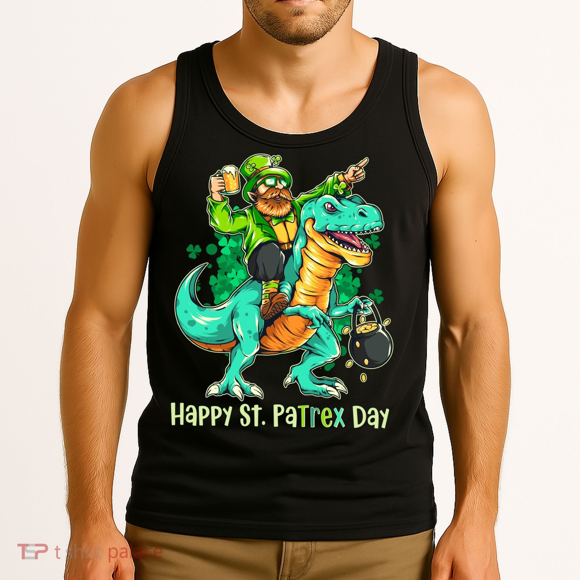 Funny Happy St. PaTREX Day Leprechaun Riding Trex Dinosaur Tank Top
