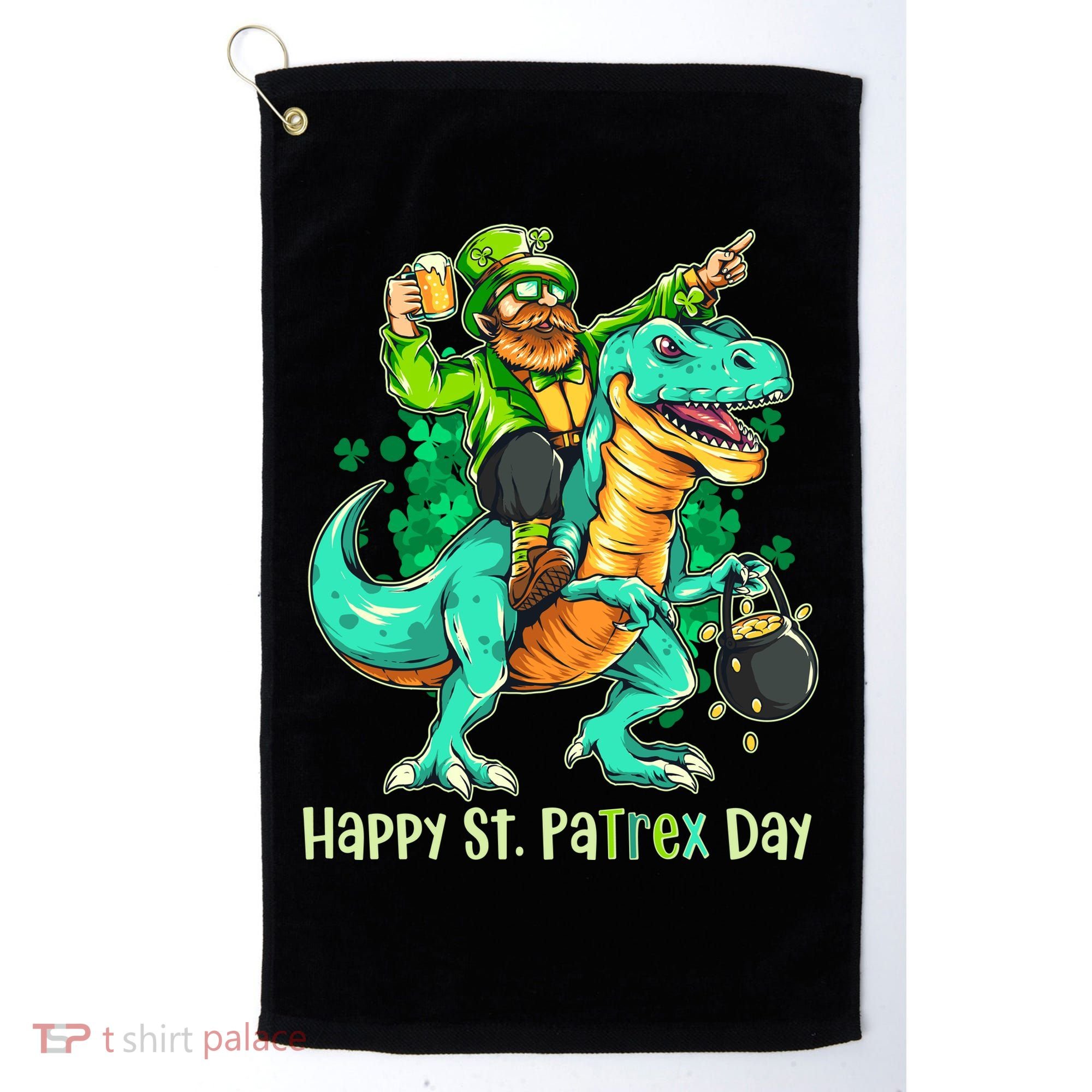 Funny Happy St. PaTREX Day Leprechaun Riding Trex Dinosaur Golf Towel