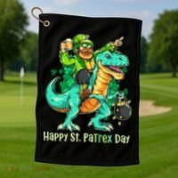 Funny Happy St. PaTREX Day Leprechaun Riding Trex Dinosaur Golf Towel thumb 1