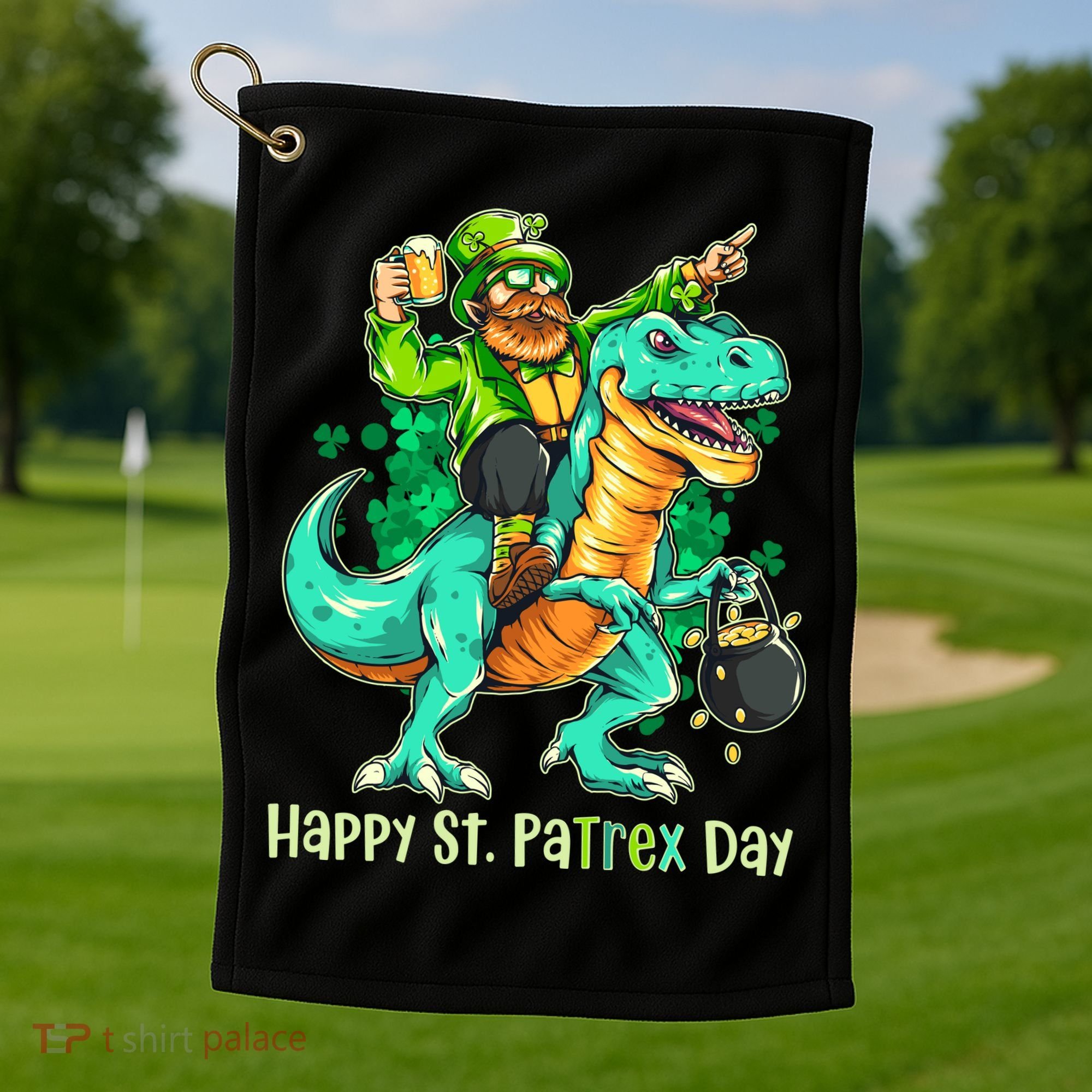 Funny Happy St. PaTREX Day Leprechaun Riding Trex Dinosaur Golf Towel