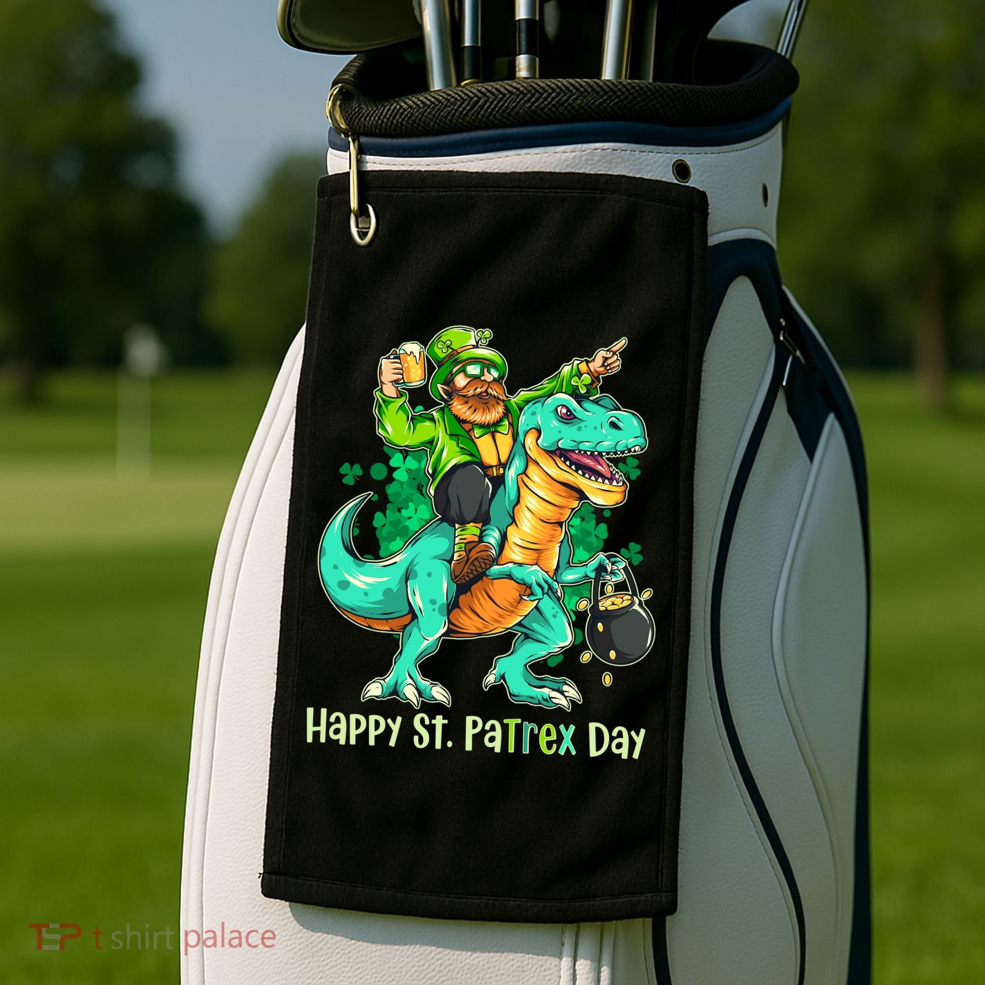Funny Happy St. PaTREX Day Leprechaun Riding Trex Dinosaur Golf Towel