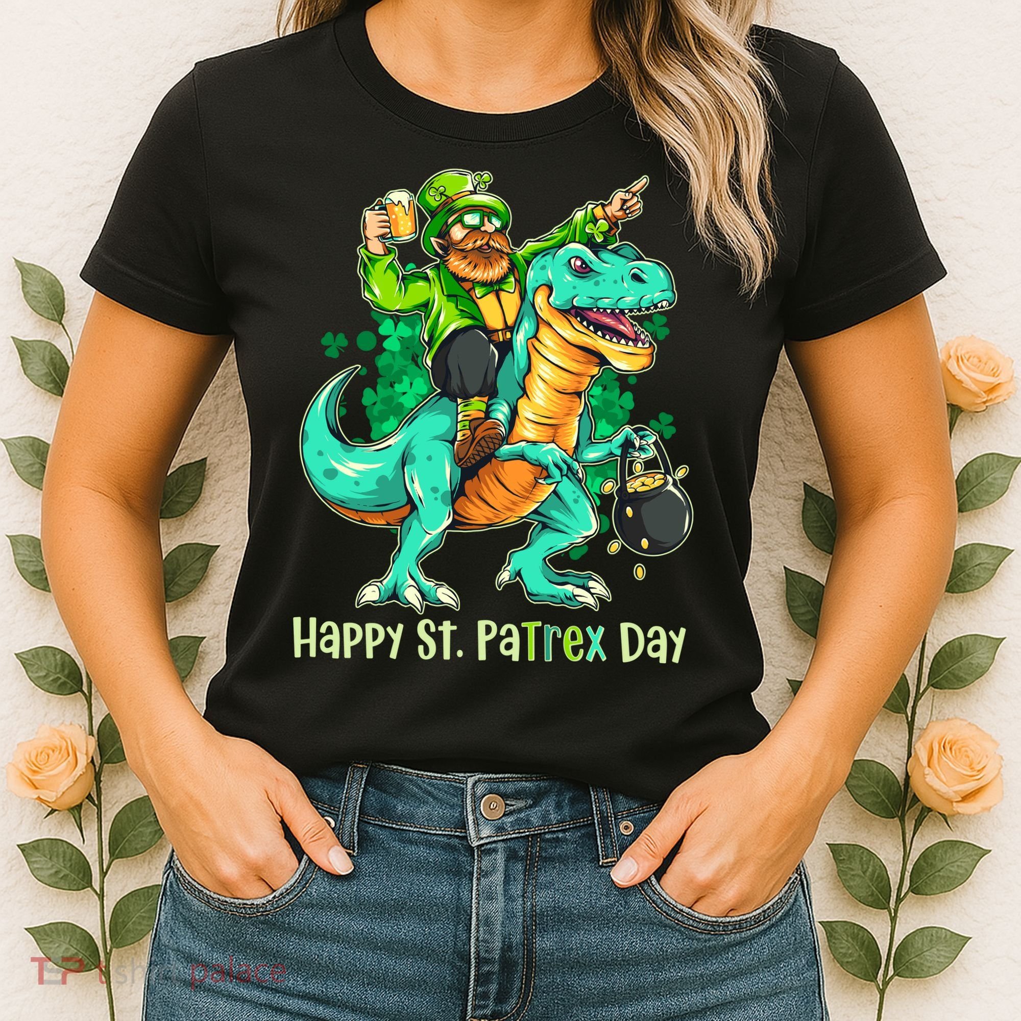 Funny Happy St. PaTREX Day Leprechaun Riding Trex Dinosaur Women's T-Shirt