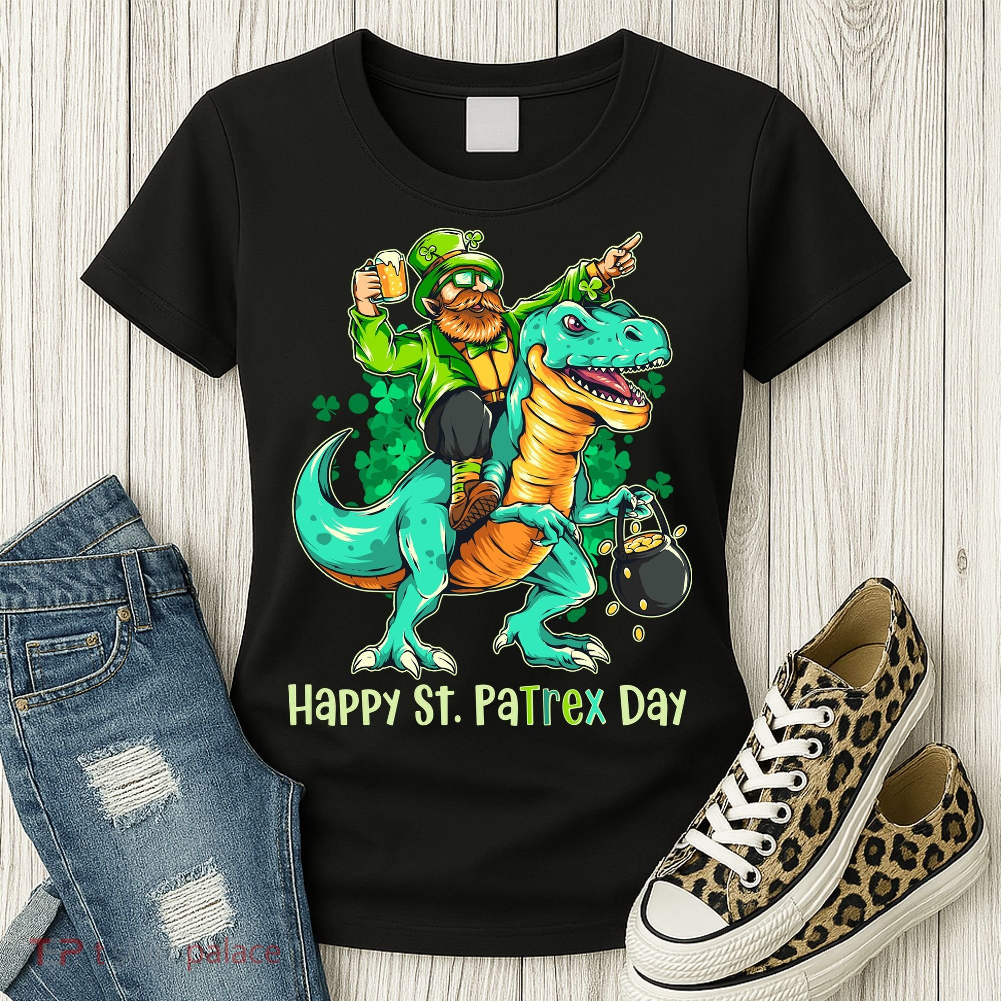 Funny Happy St. PaTREX Day Leprechaun Riding Trex Dinosaur Women's T-Shirt