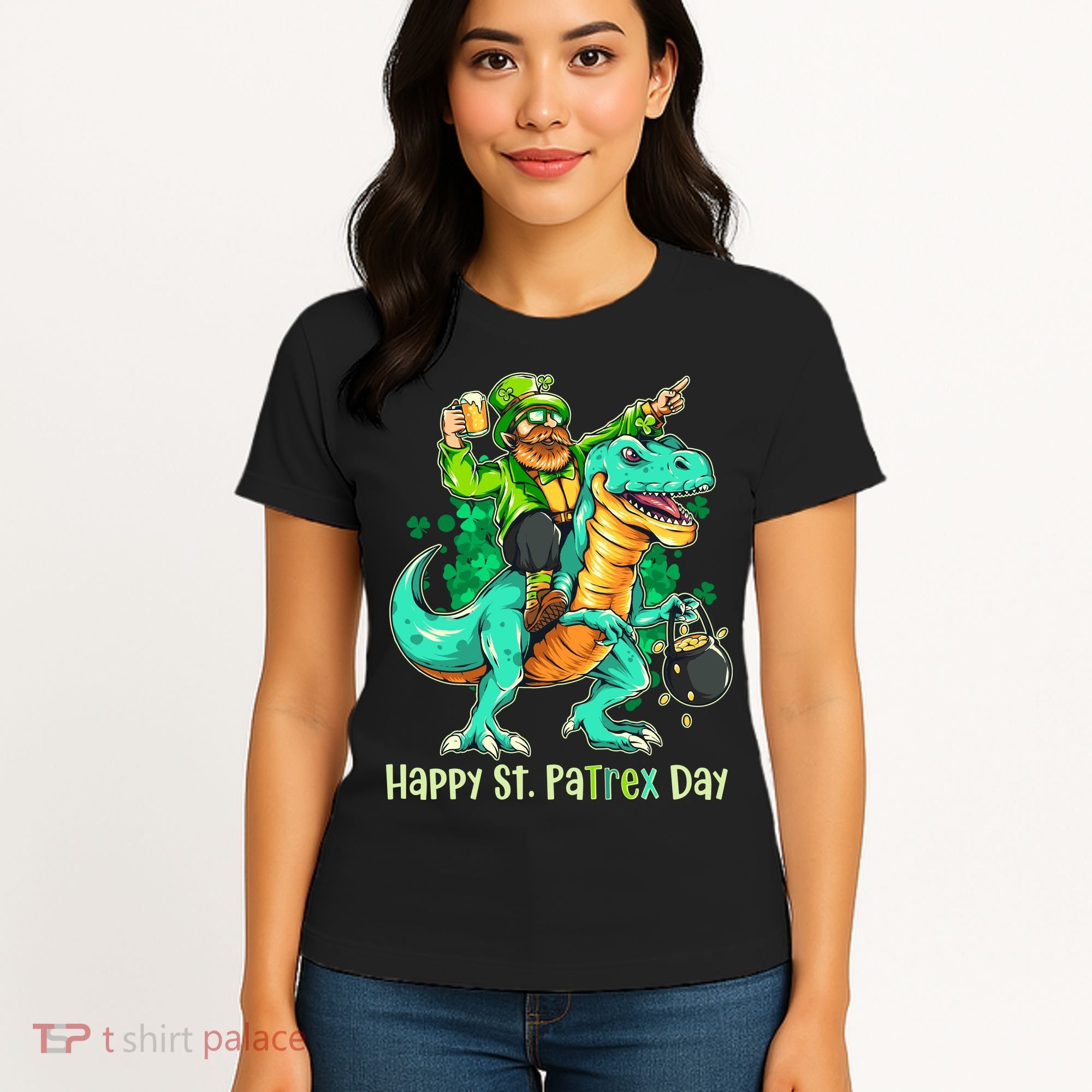 Funny Happy St. PaTREX Day Leprechaun Riding Trex Dinosaur Women's T-Shirt
