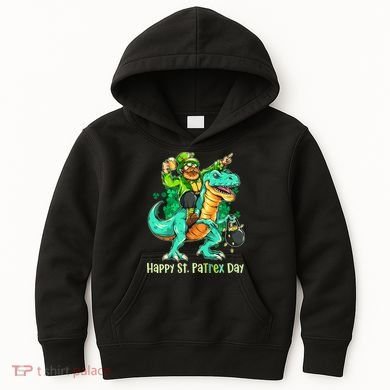 Funny Happy St. PaTREX Day Leprechaun Riding Trex Dinosaur Kids Hoodie