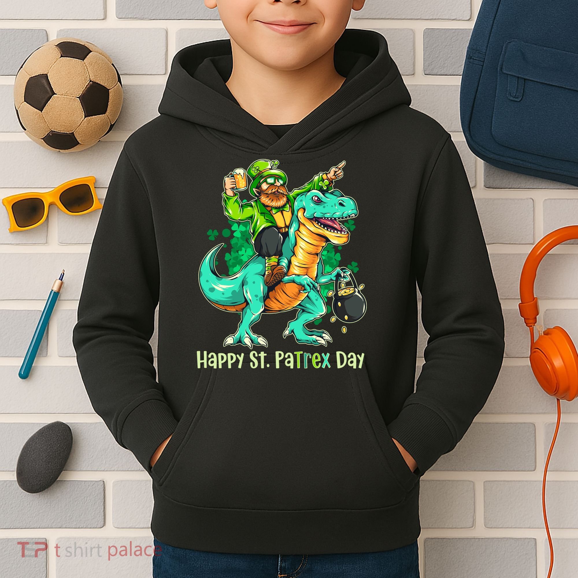 Funny Happy St. PaTREX Day Leprechaun Riding Trex Dinosaur Kids Hoodie