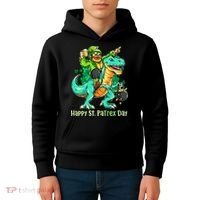Funny Happy St. PaTREX Day Leprechaun Riding Trex Dinosaur Kids Hoodie thumb 4